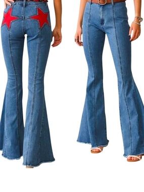 High-Rise Blue Flare Jeans with Red Star Pocket Detail